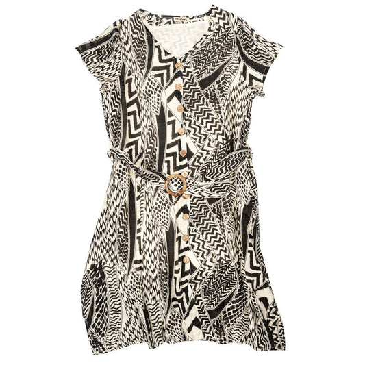 🖤🤍 Vestido Étnico Blanco y Negro con Cinturón