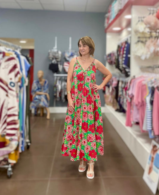 🌿🌺 Vestido Largo Floral Verde y Rojo
