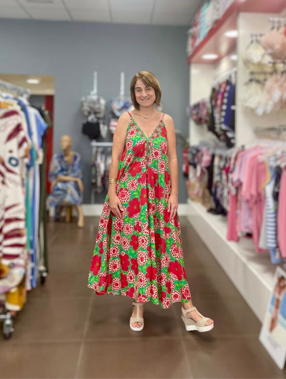 🌿🌺 Vestido Largo Floral Verde y Rojo