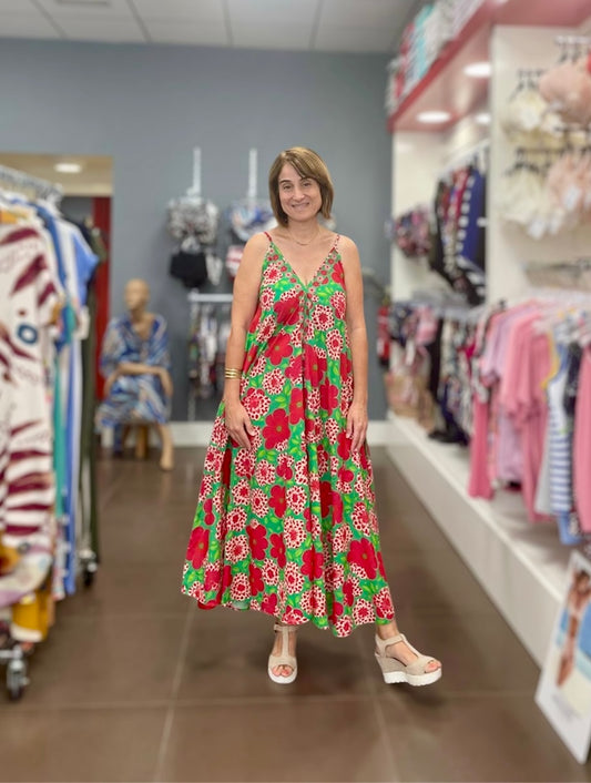 🌿🌺 Vestido Largo Floral Verde y Rojo
