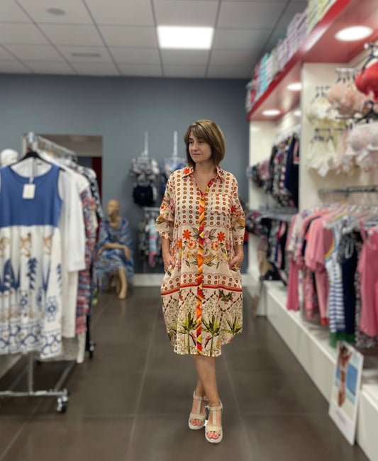 🌺 Vestido camisero estampado tropical